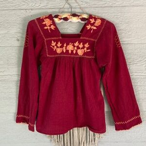 Boho Embroidered Women's Long-Sleeve Top in Deep Wine